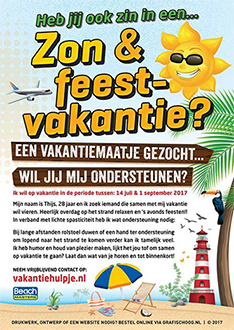 De flyer waarmee Thijs een vakantiemaatje zoekt.